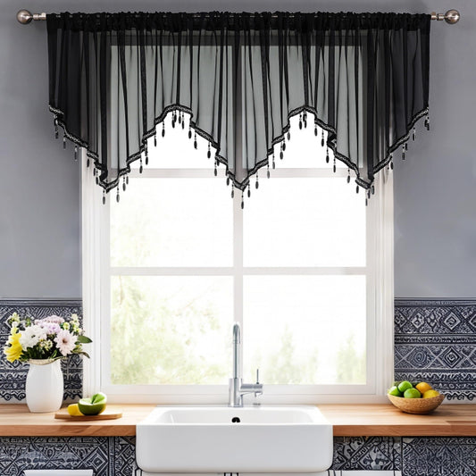 WUBODTI Halloween Black Beaded Sheer Valance Curtains for Windows 3Pcs, Gothic Farmhouse Window Valance Beads Tassel Semi Sheer Curtain Valances for Bedroom Bathroom Kitchen, 51 x 24 Inch Length