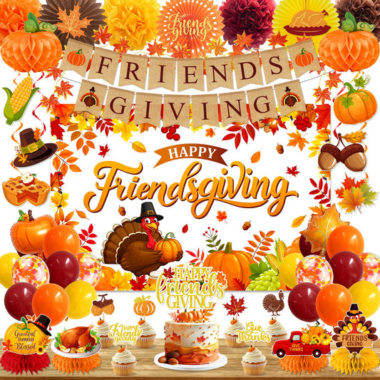Friendsgiving Decorations - Autumn Thanksgiving Party Supplies Include Happy Friendgiving Backdrop,Honeycomb Centerpiece,Pom Poms and Pumpkin Balloons