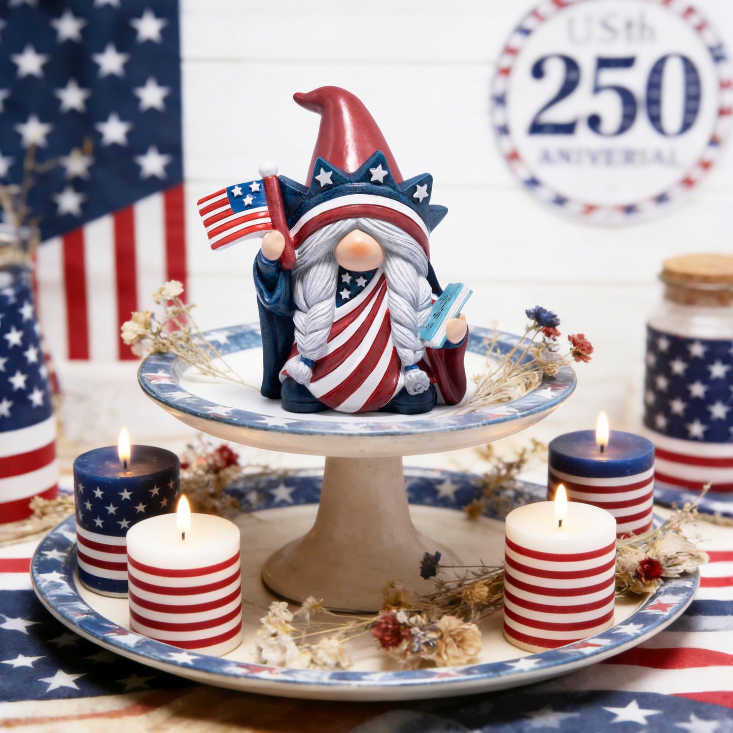 Hodao Year-Round Patriotic Gnome Decorations, 4th of July Patriotic Independence Day Memorial Day Veterans Day Decor, Tiered Tray Decor for Home Office, Red White Blue Gnome Gifts