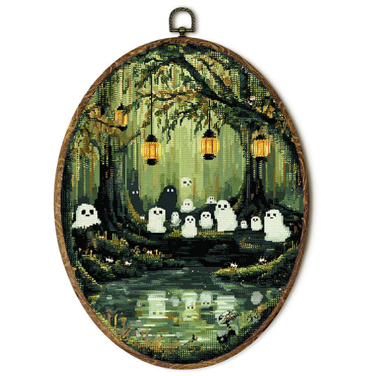 EGVQK Cute Halloween Ghost Oval Wall Art Decor, pixel art Ghosts Framed Canvas Prints Wall Art, Whimsigoth Oval Canvas Hanging Decor for Scary Halloween Ghost Decorations Indoor Living Room 8.5x11.5in