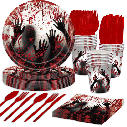 AWLZJZQA 168 Pcs Bloody Halloween Supplies Serve 24 Zombie Horror Halloween Birthday Party Decorations Scream Bloody Good Time Party Plates and Napkins Dinnerware Set Horror Movie Decorations