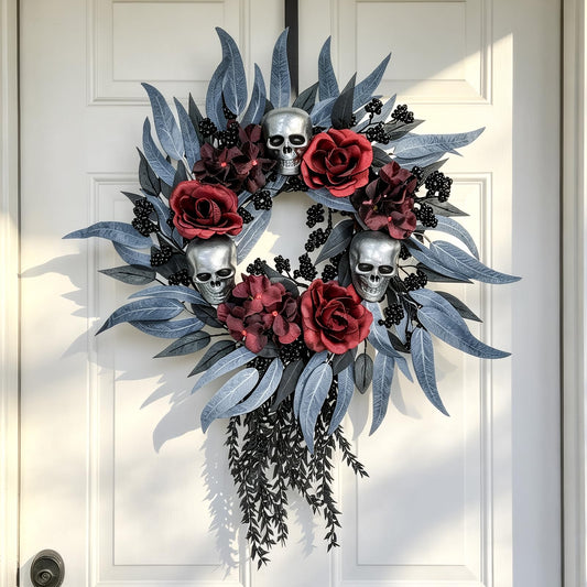Nztze 22 Inch Halloween Wreath, Red Roses and Black Berrry Halloween Wreaths for Front Door with Silver Skulls for Halloween Horror Decor, Gothic Party Room Decoration