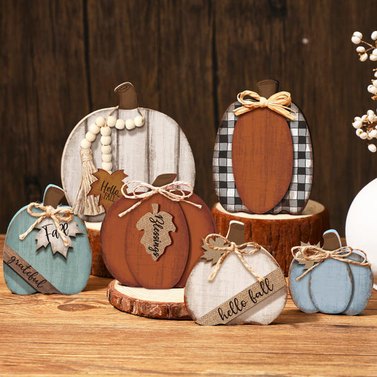 Wonderjune 6 Pcs Fall Decorations Modern Rustic Pumpkin Wooden Sign Autumn Farmhouse Pumpkin Block Table Centerpiece Grateful Blessing Tiered Tray Decor for Fall Thanksgiving Home Office Desk Decor