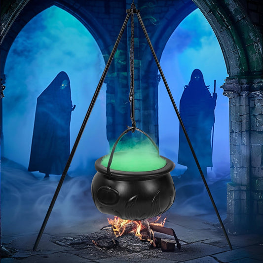 Dazzle Bright Halloween Cauldron Decorations Outdoor, Witches Cauldron on Tripod with Green Lights, Black Witches Bowl Candy Bucket for Halloween Party Indoor Porch Outdoor Yard Decor