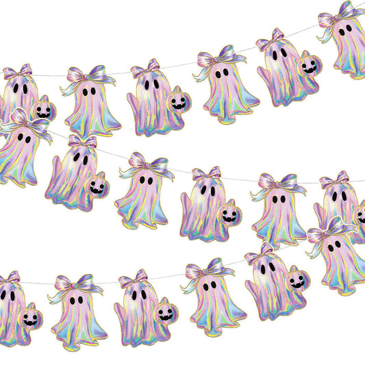 Oudain 2 Pack Halloween Ghost Garland 6.56 ft Iridescent Ghost Decor Laser Cute Boo Holographic Paper Bow Hanging Banner for Halloween Party Decor Birthday Party Home Indoor Outdoor Mantel
