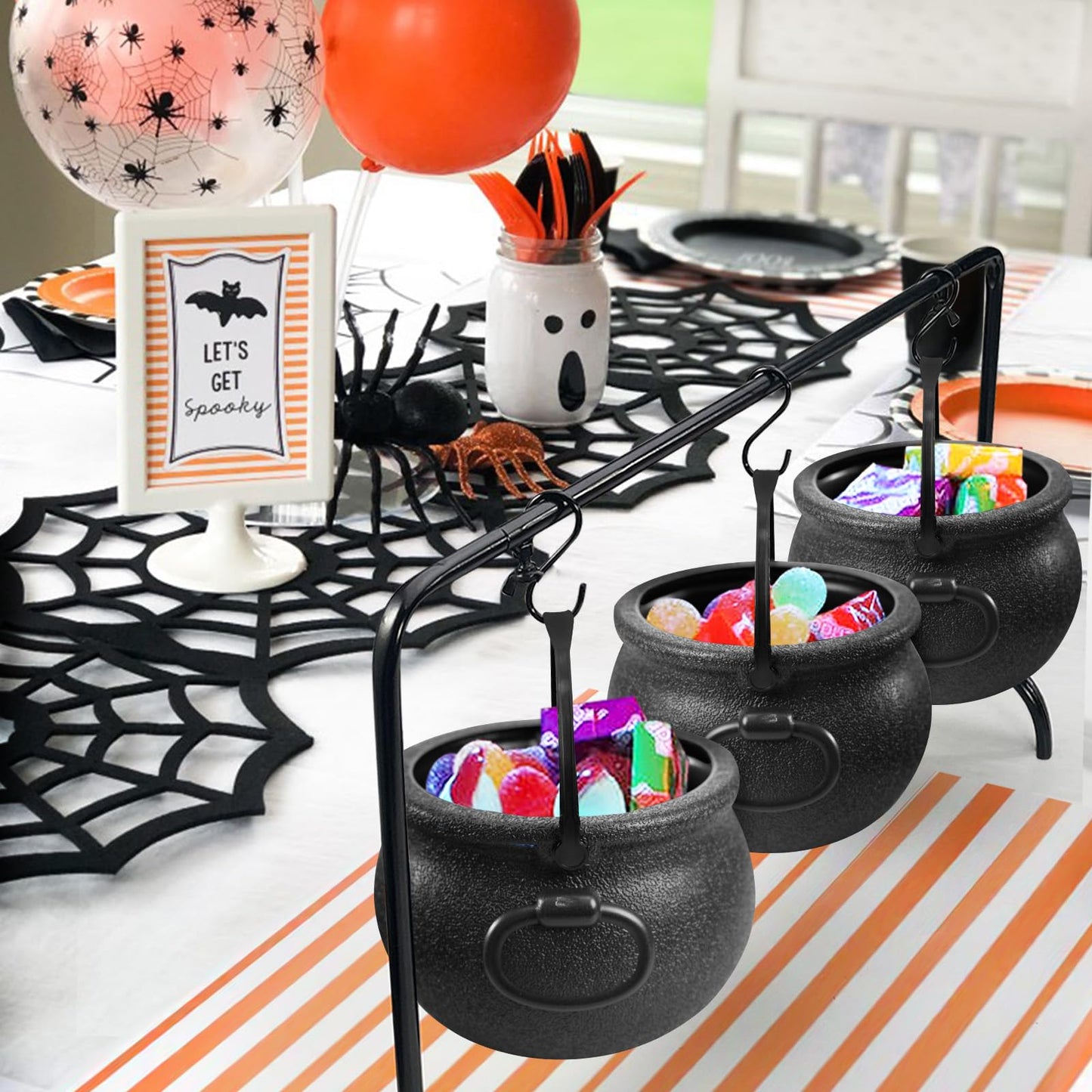 ORIENTAL CHERRY Halloween Decorations Indoor - Set of 3 Witches Cauldron Serving Bowls on Rack - Halloween Party Decorations Halloween Candy Bowl Black Plastic Cauldron for Home Kitchen Decor