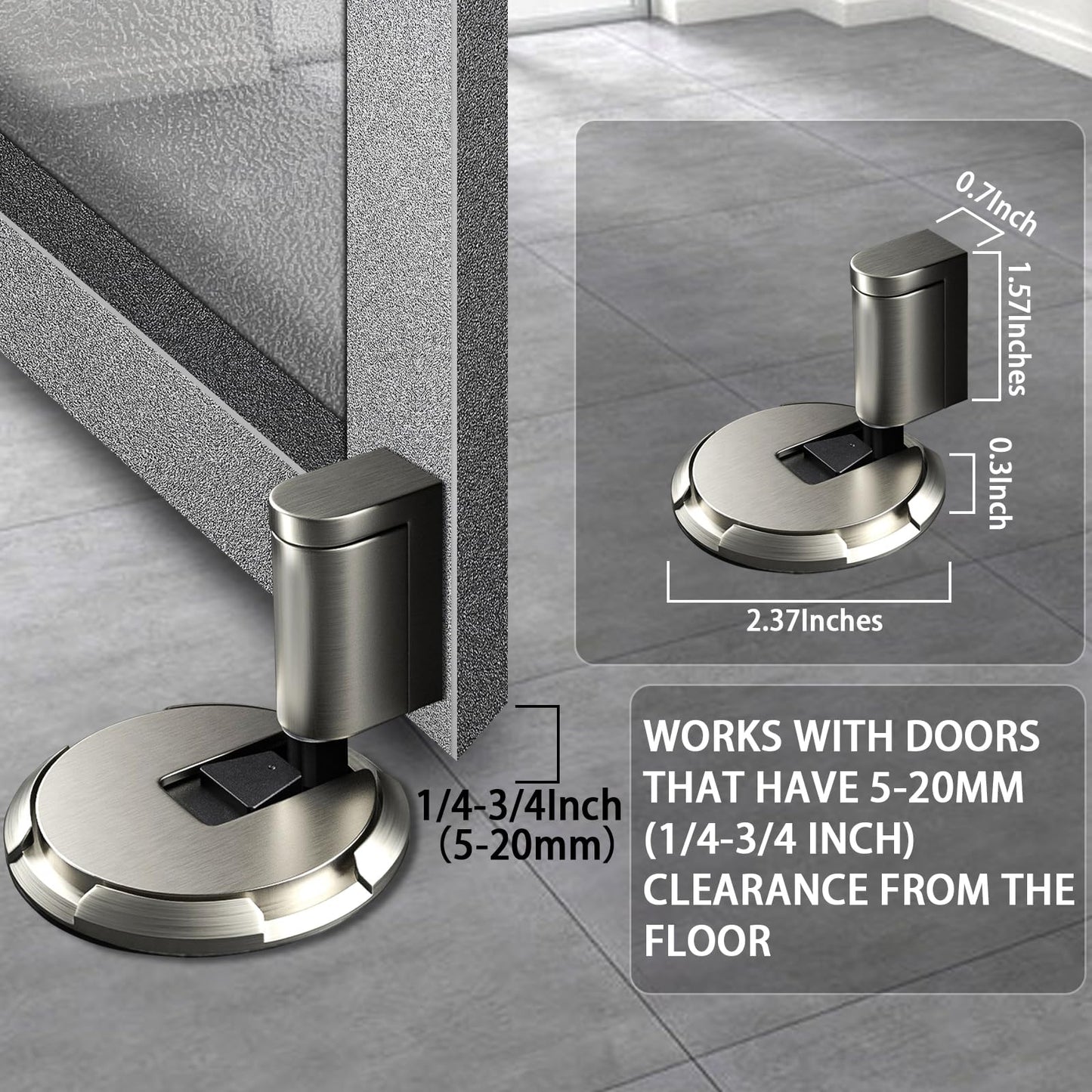HOOFUS No Magnetic Mechanical Floor Door Stopper,Adjustable Door Holder, for Door Gaps up to 0.75 Inch in Height,Nail Free or Screws (Matte Brushed Nickel, 1 Pack)