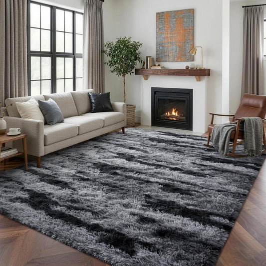 5x7 Ft Large Shag Rug for Living Room Bedroom,Tie-Dyed Ultra Soft Fluffy Furry Area Rug, Aesthetic Carpet for Indoor Floor Home Decor (Black)