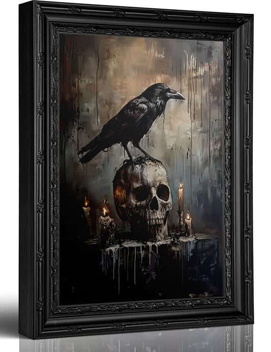 Gothic Crow & Skull Wall Art, Dark Academia Raven Perched on Skull Framed Canvas Wall Decor, Macabre Halloween Art for Home, Living Room, Bedroom, 9x11 Inch