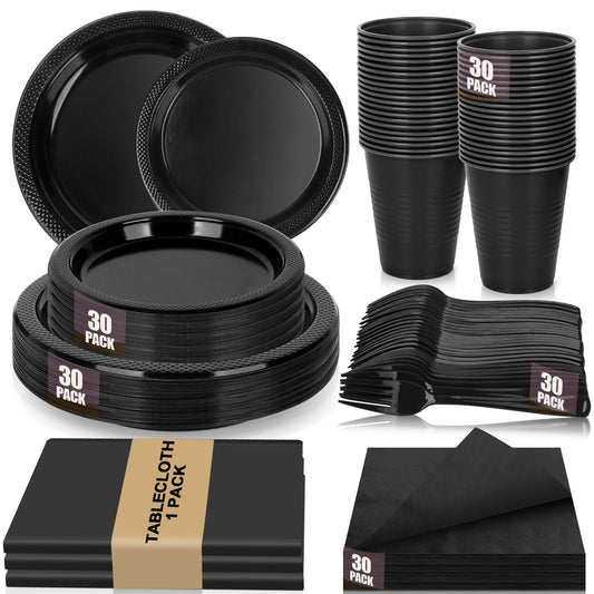 CLIYTICA Black Plastic Plates for Party,30 Guest Disposable Plastic Plate Set 9" Plates,7" Dessert Plates,Napkins,Cups,Forks & Tablecloth for Birthday,Halloween,Christmas,Graduations