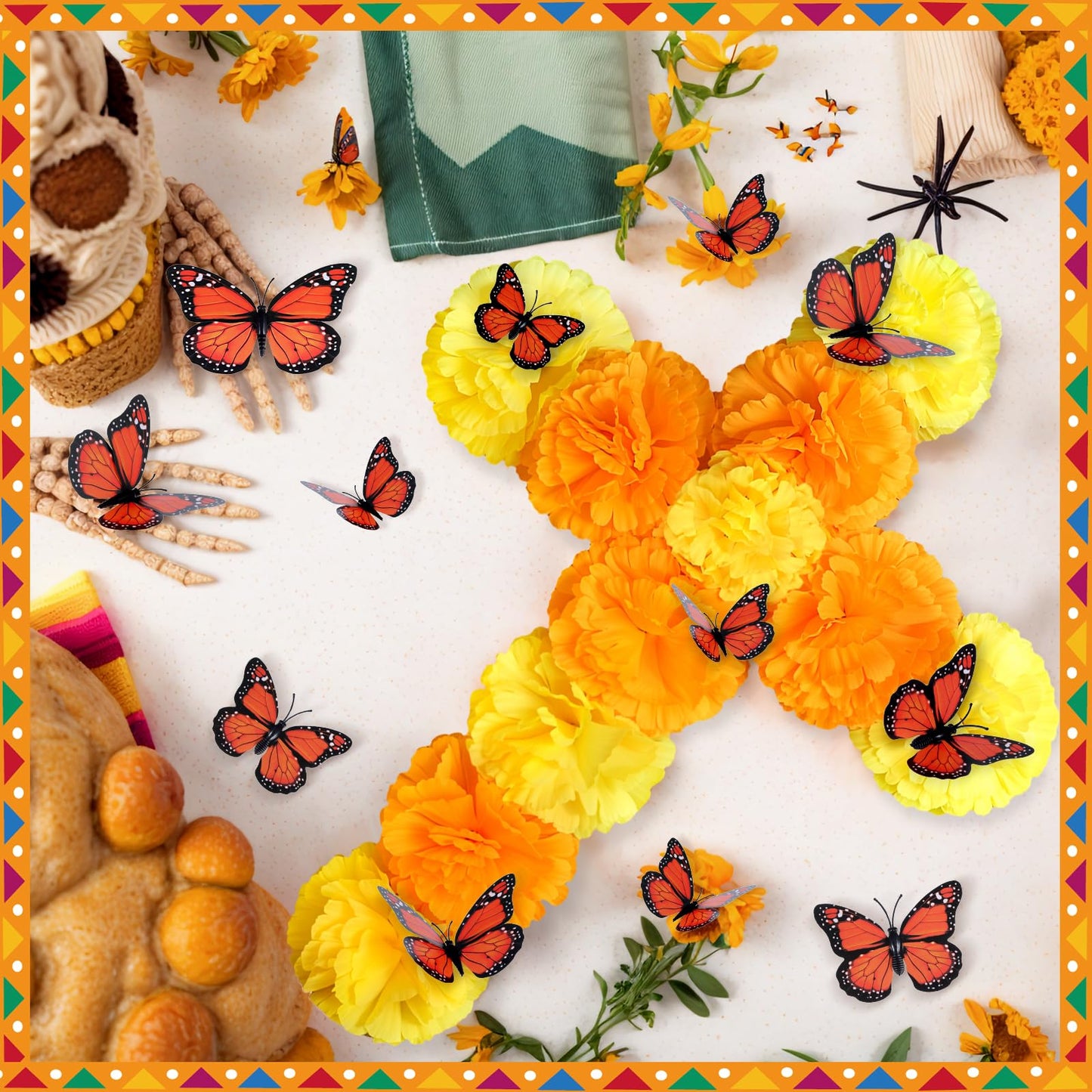 Ofrenda Decorations for Altar 17 x 13 Dia De Los Muertos Decorations Day of the Dead Decoration Marigold Mexican Cross with Artificial Butterflies Wall Decor Sign for Dia De Los Muertos Diwali