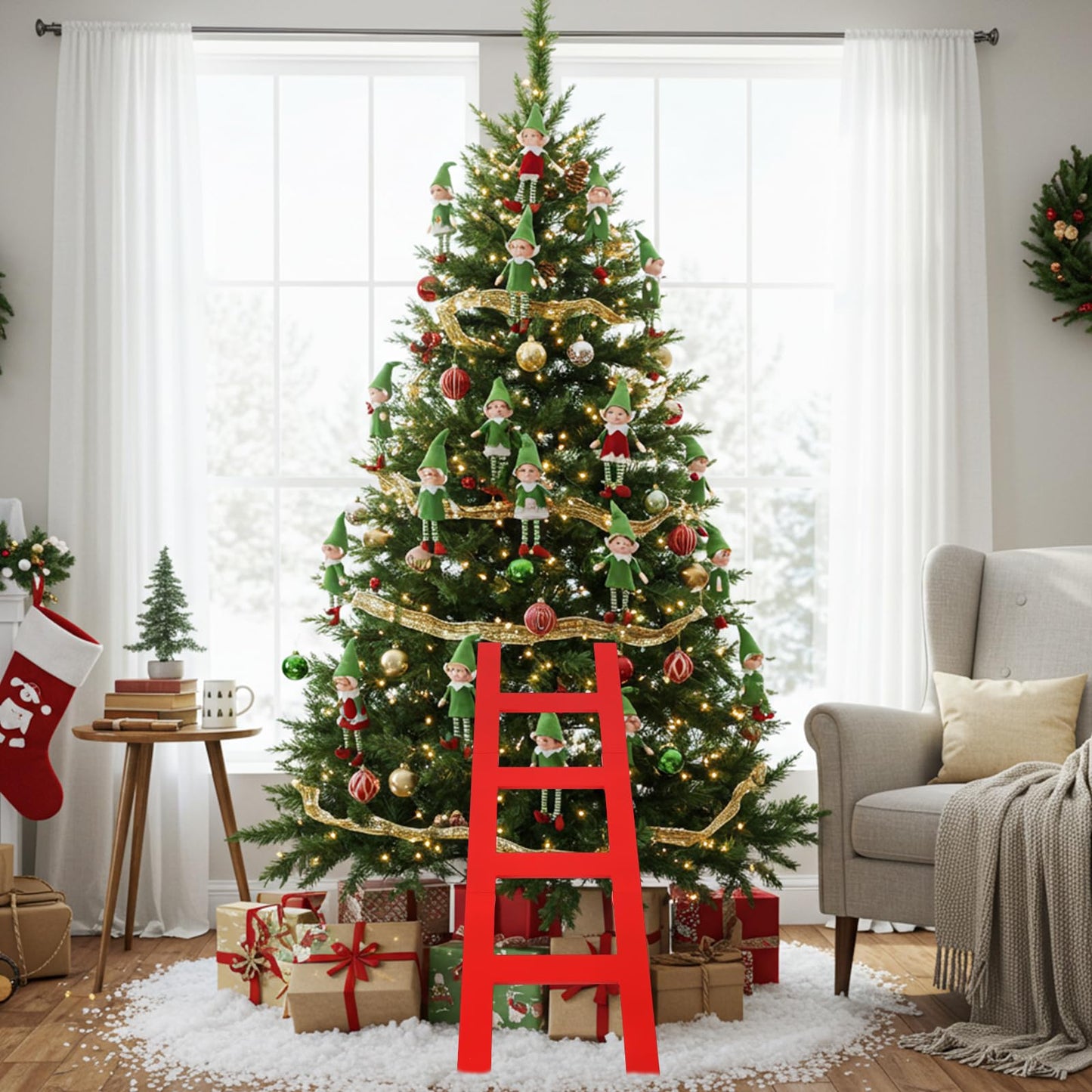 Jenaai 39 Inches Christmas Red Wooden Ladder Christmas Tree Decoration Santa Climb Ladder Assemble and Disassemble Rustic Decorative for Xmas Tree Wall Ornament Holiday Festival Party Decoration