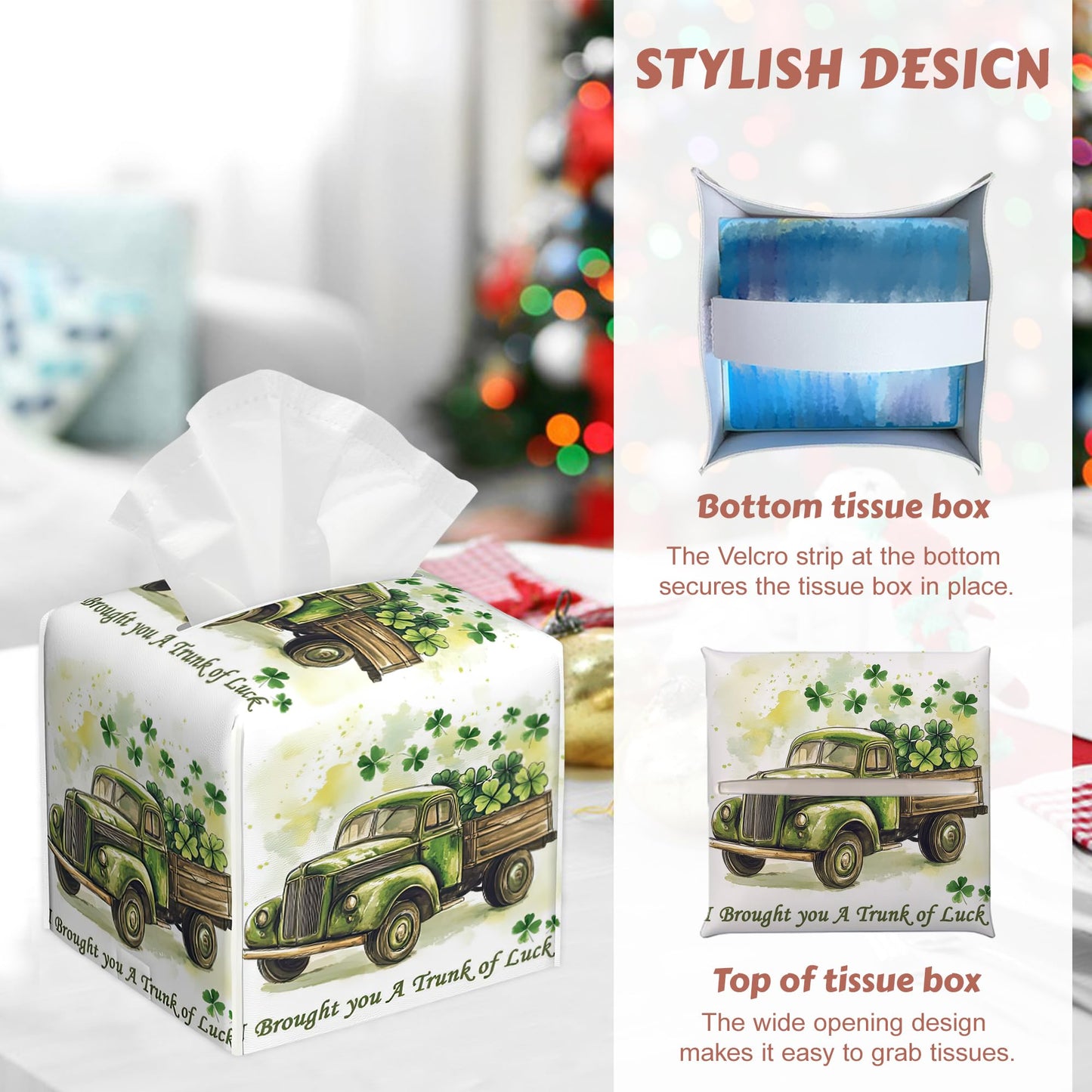St. Patrick's Day Tissue Box Holder,Four Leaf Clover Leather Tissue Box Cover Square, Paper Facial Decorative Tissues Cover for Bathroom Home Car Nightstand Vanity Desk, 2 Pcs