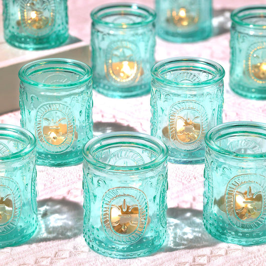 TripodBird Blue Votive Candle Holders Set of 24, Glass Candle Holders for Wedding Centerpieces, Teal Decor for Home, Vintage Boho Party Table Bridal Shower Centerpieces