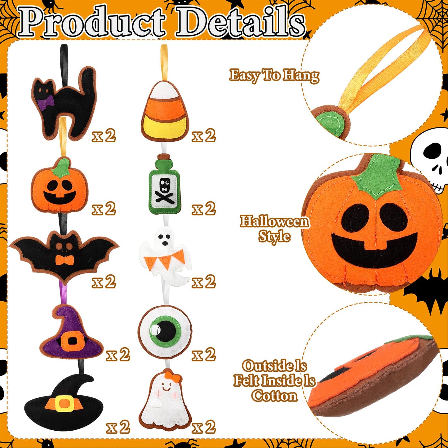 Breling 20 Pcs Halloween Felt Ornaments 3D Halloween Tree Hanging Decorations 3.15 Inch Ghost Bat Pumpkin Black Cat Witch Hat Felt Ornaments for Garland Banner Mantle Wall Party Decor