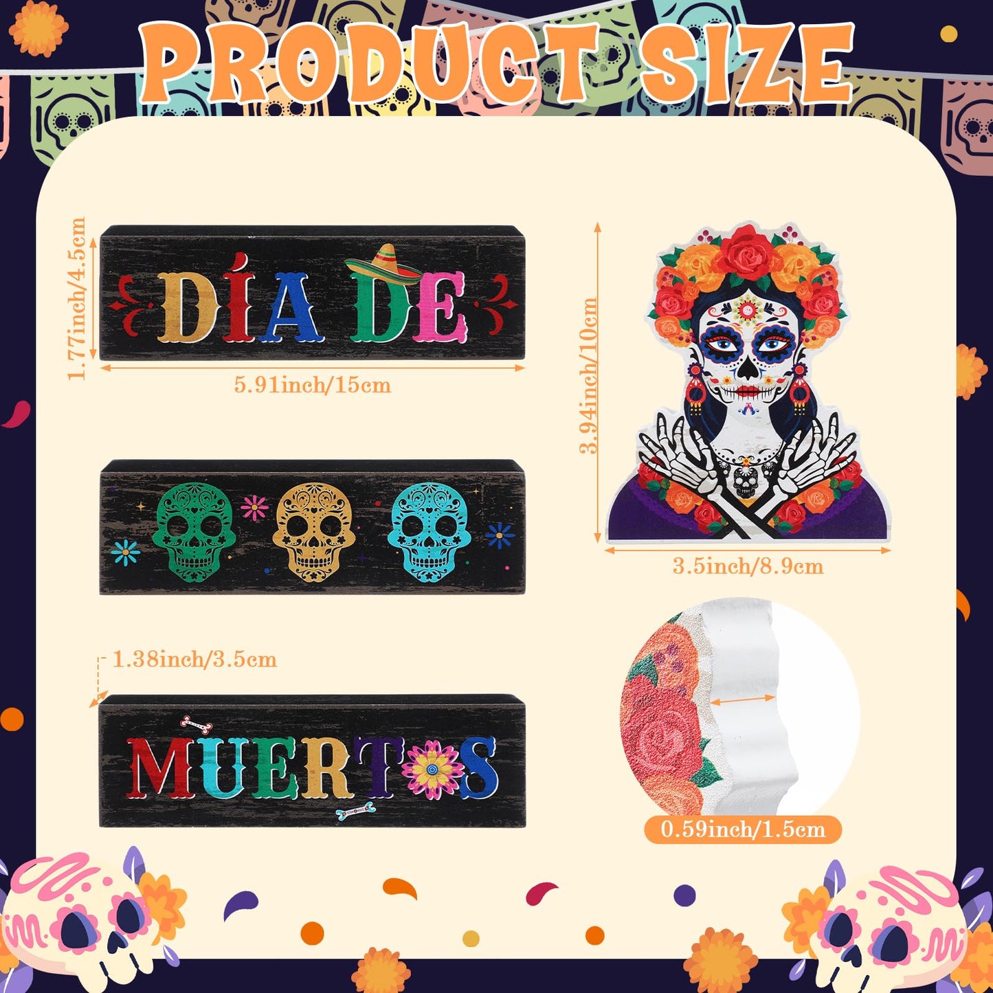 Capoda 4 Pcs Day of The Dead Table Decorations Dia De Los Muertos Tiered Tray Decor Mexican Skull Wood Tabletop 3D Desk Centerpiece for Halloween Fiesta Carnival Party Decoration Supplies