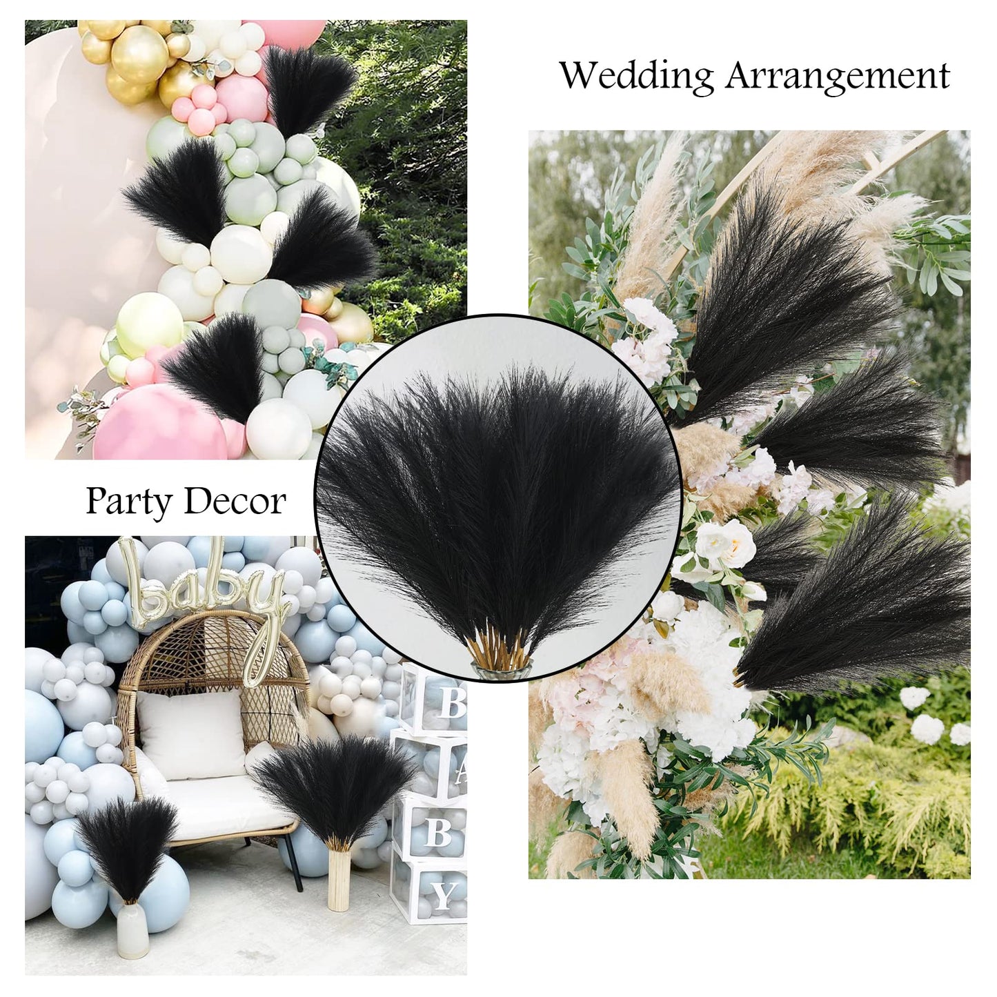 obbsie 50pcs Faux Black Pampas Grass, 21.6" Short Artificial Pompous Grass Floral Fake Pompas Grass Branches Vase Filler Flower Arrangement for Home Halloween Decor