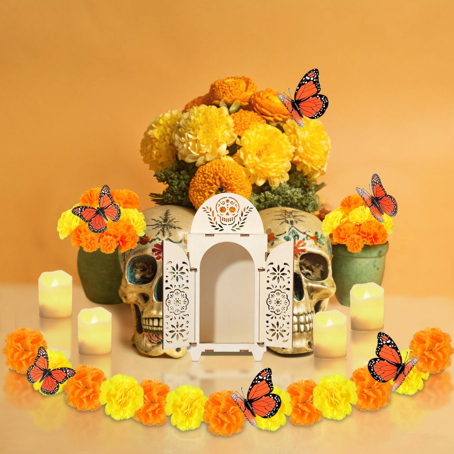 51Pcs Dia De Los Muertos Decorations Wooden Shadow Box Day of The Dead Ofrenda Altar Decor with Marigold Butterfly Candle Remembrance Supplies