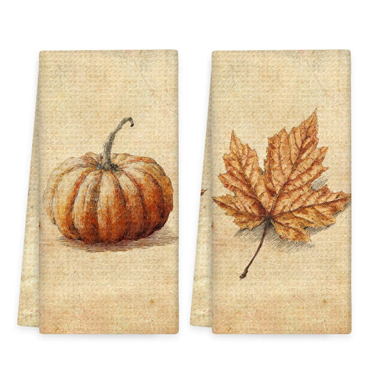 OINDADE Vintage Pumpkin Fall Kitchen Towels Set of 2, Fall Pumpkin Hand Towels, Vintage Pumpkins Maple Leaves Dish Tea Towel for Kitchen Decorative, Vintage Autumn Bathroom Kitchens Decor, 16x24In