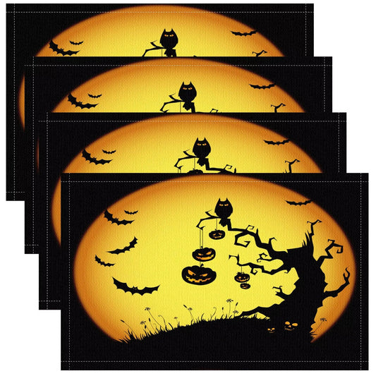 Halloween Placemats Set of 4, 17x12 Inch Orange Moon Scary Pumpkins Bats Owls Black Silhouette Table Mats for Home Party Kitchen Dining Decor