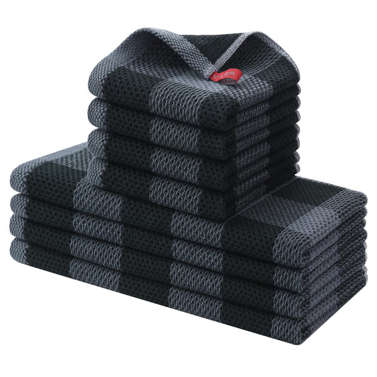 Homaxy Kitchen Towels and Dishcloths Set, 12 x 12 and 13 x 28 Inches, Set of 8 100% Cotton Waffle Weave Check Plaid Kitchen Dish Towels, Super Soft and Absorbent Dish Cloths, Black & Grey