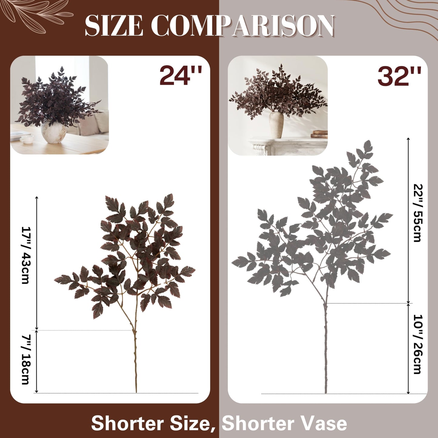 PERFNIQUE 6 Pack Artificial Plum Cimicifuga Leaf Sprays, 24" Faux Ramosa Branches for Vase, Fall Floral Stems for Table Centerpiece, Farmhouse, Wedding, Mantel, or Halloween Decor