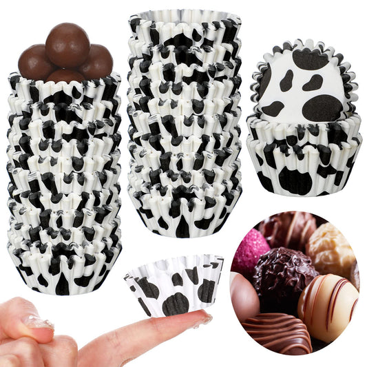 Pinkunn 600 Pcs Cow Print Paper Cupcake Liners Mini Cupcake Liners Muffin Baking Cups Small Candy Cups Making Supplies for Birthday Shower Theme Graduation Party Decoration