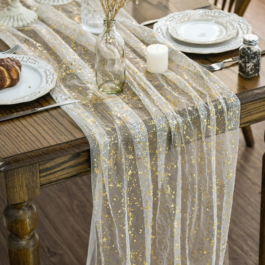 Artoid Mode 3Pcs Beige Gold Gauze Table Runner 120 Inch 10FT, Glitter Metallic Foil Sheer Dining Wedding Anniversary Holiday Birthday Table Decor for Home Party
