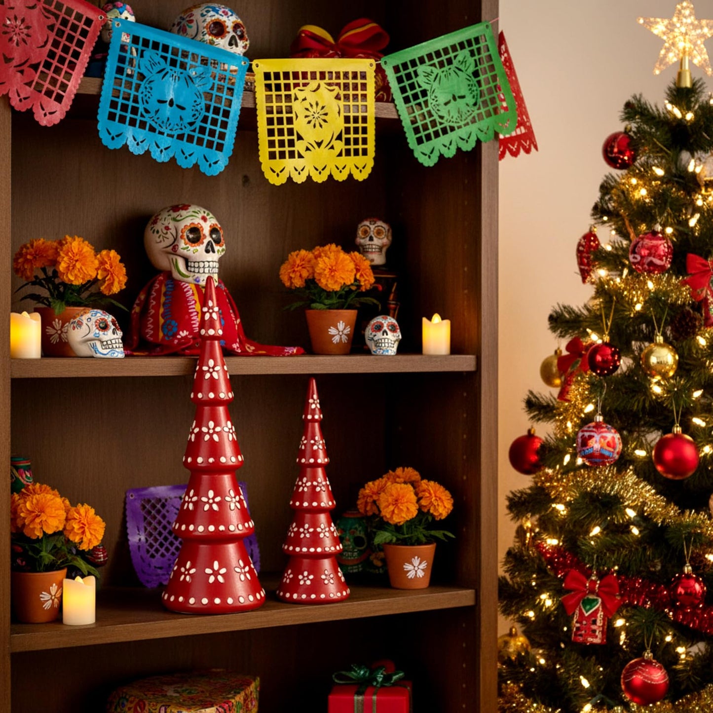 Geelin 2 Pcs De Barro Mexican Christmas Decorations Talavera Christmas Tree Figurines Boho Resin Decoration Terracotta Table Centerpiece for Accents Xmas Mantel Shelf Fireplace Gift