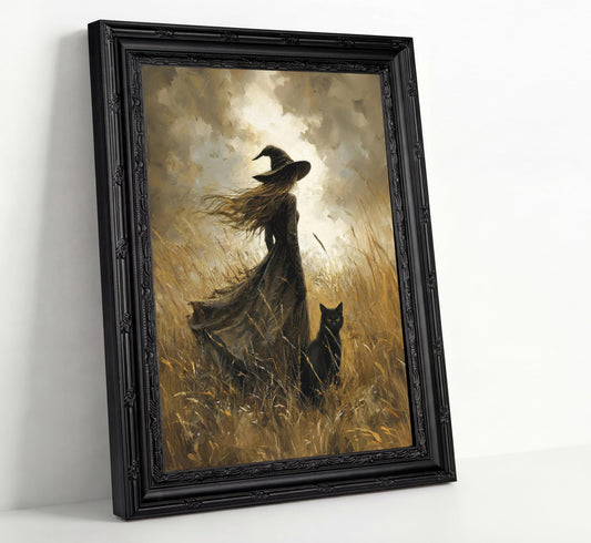 Black Framed Vintage Halloween Witch Canvas Wall Art Gothic Witch And Black Cat Wall Decor Picture Spooky Mystical Dark Academia Poster Print For Bedroom Study Living Room Home Decoration