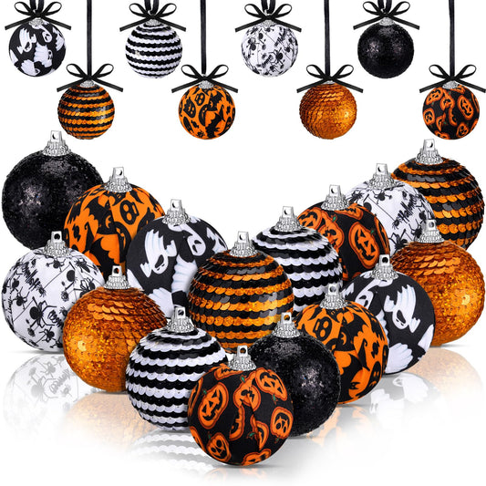 Zeyune 16 Pcs Halloween Ball Ornaments for Tree 2 Inch Halloween Tree Decorations Pumpkin Ghost Bat Spider Glitter Ornaments with Sequins for Holiday Party Decor
