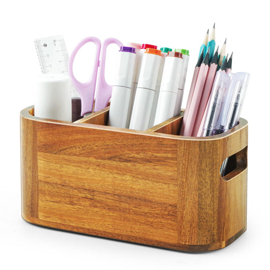 SWKHDKX Acacia Pencil Pen Holder for Desk, Wooden Office Organizer with 3 Slots for Countertop, Makeup Brush Holder Remote Control Organizer for School Home Supplies