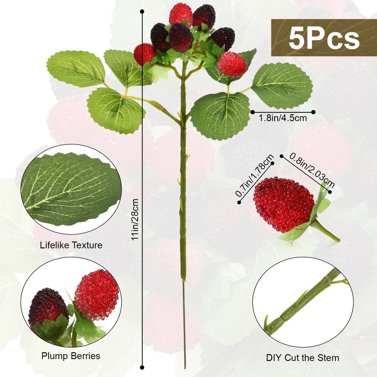 Hoteam 5 Pcs Artificial Raspberries Stems 11'' Fake Redberry Branches Faux Fruit Black Berry Picks for Home Kitchen Decor Floral Arrangements and Holiday Table Centerpieces (Red with Black)