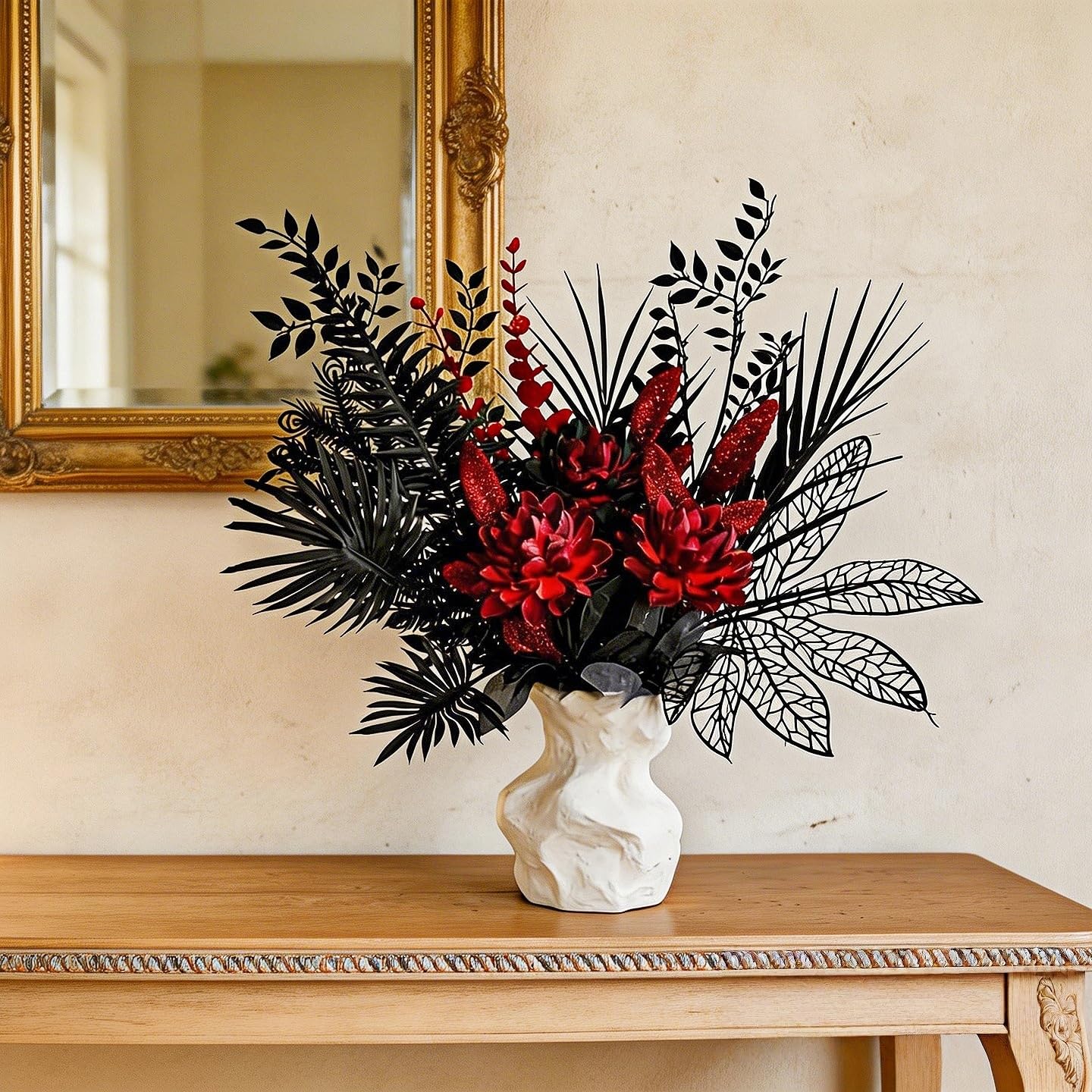 Gothic Black Red Artificial Flower Bouquets, 16-Stems Faux Silk Dahlia, Hollowed Foliage，Shining Eucalyptus Leaves, Dark Style, Themed Party，Bar Decoration，Halloween, Romantic Wedding (Without vases)