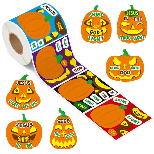 Haooryx Pumpkin Religious Sticker Roll - 300Pcs Make A Autumn Halloween Pumpkin Face Stickers Self Adhesive Waterproof Vinyl Water Bottle Page Activity Pad Fall Party Favor Scrapbook DIY Church Event
