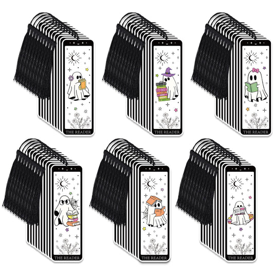 Whaline 60 Pcs Halloween Ghost Bookmark Cute Cartoon Reading Ghost Book Page Markers with Tassels for Book Lovers Student Teacher Home Classroom Supplies, Double-Sided