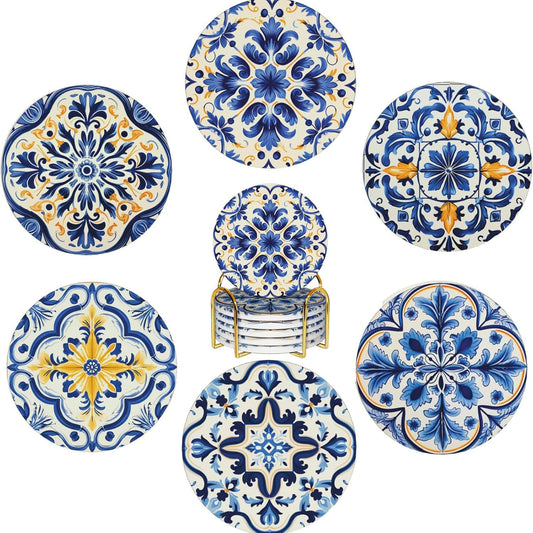 Ceramic Absorbent Art Coasters with Golden Holder Cork Base Set of 6 - Blue Vintage Spanish Floral Housewarming Gifts for Home Decorative (Azulejo Tile-Round-3)