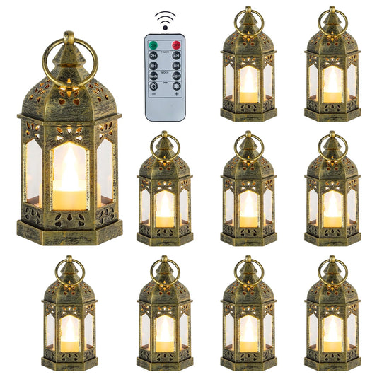 Hewory Mini Lanterns with Remote Control: Set of 10 Gold Decorative Lanterns for Centerpeces - Holiday Party Decoration for Wedding, Ramadan, Diwali, Halloween, Christmas