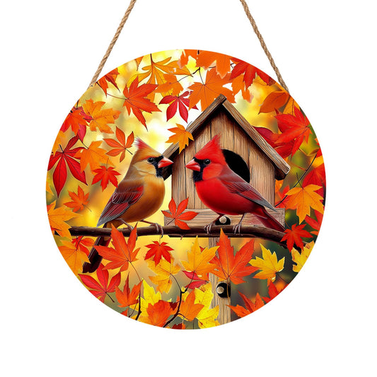 Autumn Burnt Orange Maple Leaf Door Sign For Front Door Decor,Red Cardinal Bird Cabin Wooden Sign 12"x 12" Round Hanging Fall Door Sign Decoration for Wall Rustic Decor