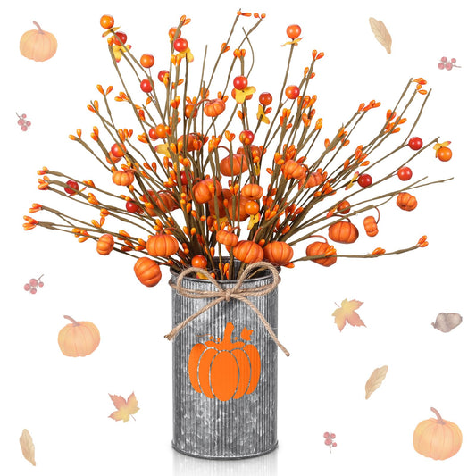 SiliFine Fall Thanksgiving Table Centerpiece Decoration Fall Artificial Flower Stems Pumpkin Shaped Berry Picks with Metal Vase Pot for Autumn Farmhouse Office Home Dining Table Decor