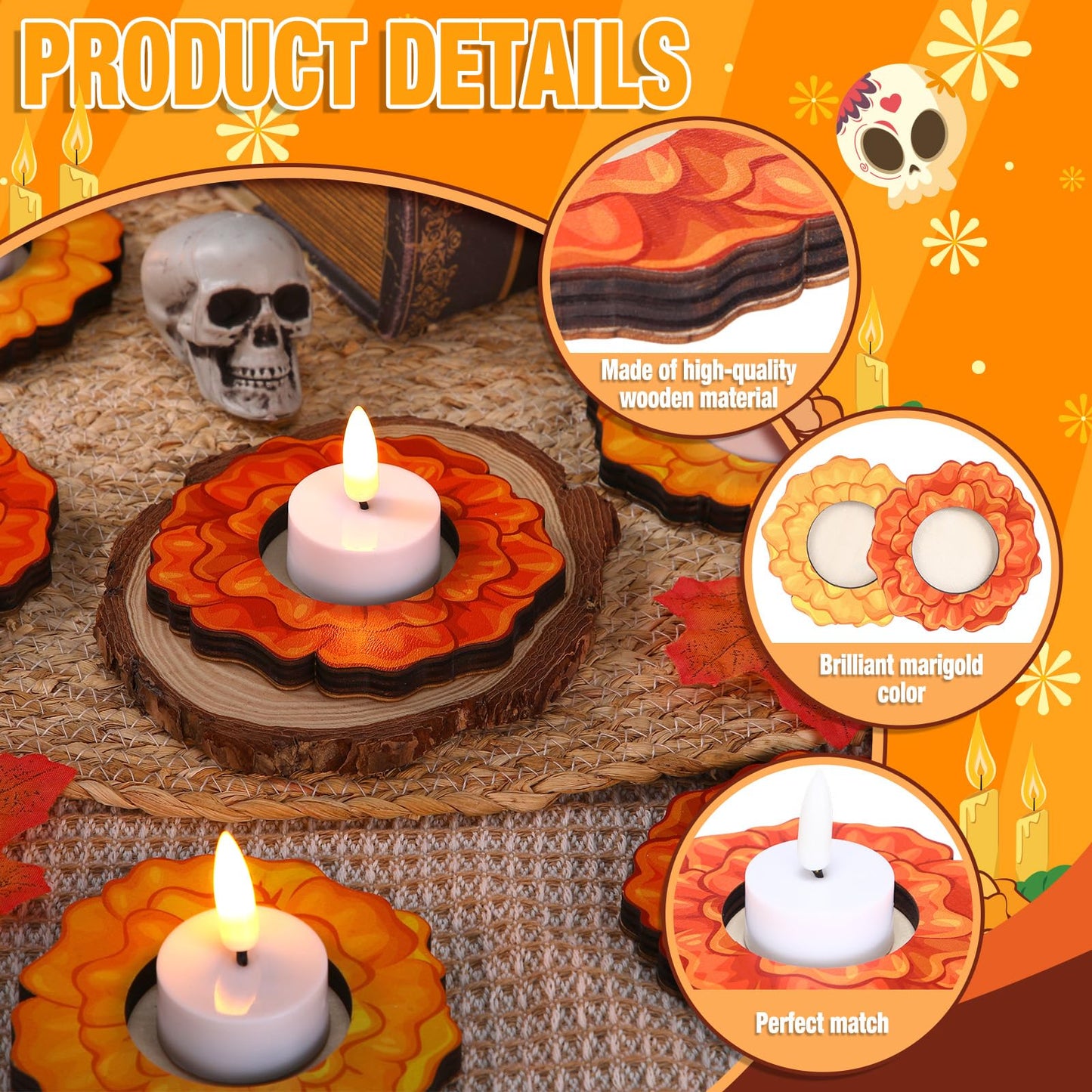 LemonRoad 12 Pcs Dia De Los Muertos Wooden Candle Holders Day of The Dead Marigold Home Table Decor for Mexican Party Day of The Dead Altar Decorations Remembrance Supplies Halloween Party Favors