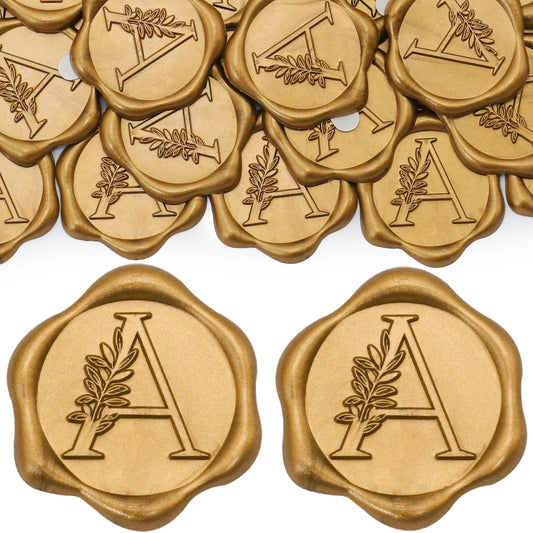 SWANGSA 50 Pack Letter A Wax Seal Stickers, Antique Gold Botanical Leaves Initial Self-Adhesive Wax Stickers for Wedding Party Invitation Envelope