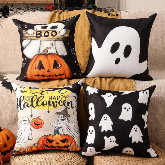 multiwins Halloween Decorations Set of 4 Double-Sided Print Ghost Pillow Covers 16" x 16", with 8 Cute Halloween Decor Patterns, Soft Linen Throw Pillow Covers for Outdoor & Indoor Use