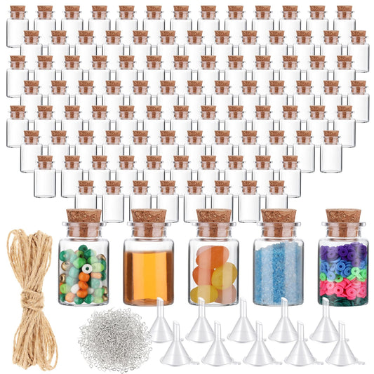 Bokon 100 Packs Mini Plastic Bottles with Corks Stoppers Eye Screws Funnels Small Potion Bottles Tiny Clear Sand Art Jar Wishing Vial for Birthday Party DIY Crafts Gift