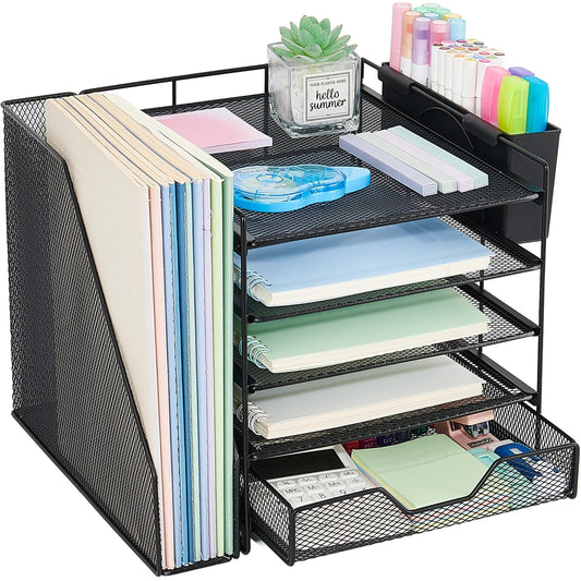 Gugsey Desk Organizers and Accessories, 5-Tier Paper Letter Tray Organizer with File Holder, Drawer & Pen Holder, Office Desk Accessories, Desktop Organizer for Classroom Office Supplies, Black