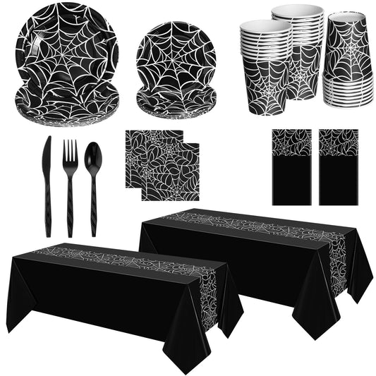 Oudain 162 Pcs Spiderweb Birthday Party Decoration Black White Spider Web Rectangular Tablecloth Disposable Plates Napkins Cups Forks Spoons Knifes Tableware Set for Theme Party Supplies