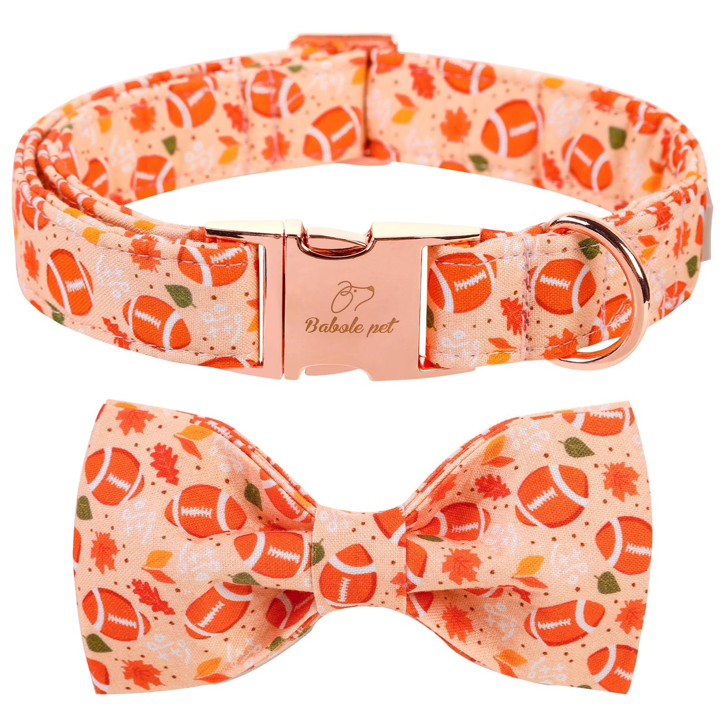 Babole Pet Fall Football Dog Collar with Bow Tie - Cute Orange Fall Dog Collars, Adjustable Cotton Metal Buckle Bowtie Collar for Small Medium Large Boy Girl Dogs L