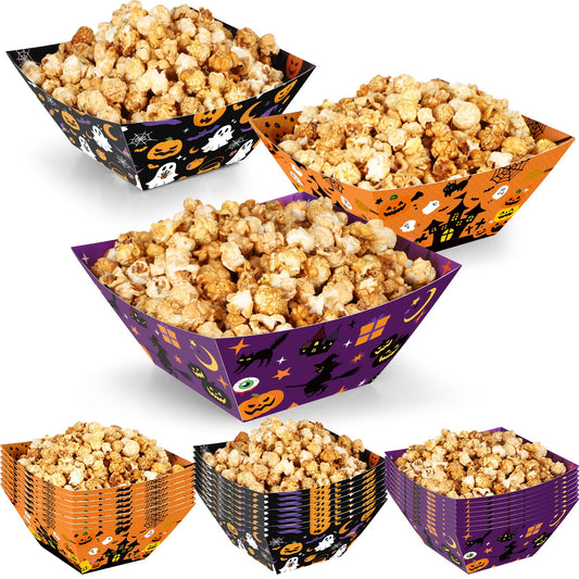 Marspark 24 Pcs Halloween Popcorn Boxes Trick or Treat Snack Bowls Popcorn Tray Containers for Movie Night Halloween Party Pumpkin Bat Ghost Party Supplies