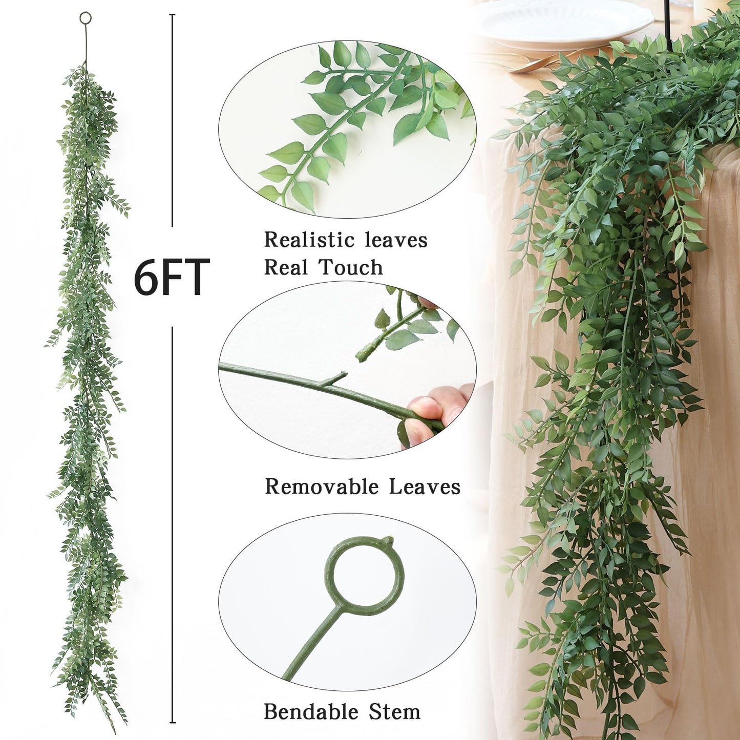 Mizii Artificial Vines Garland 6 Feet Fake Vine with Green Leaves Realistic Greenery Garland Faux Hanging Plants Greenery Decorations for Wedding Table Centerpieces Fireplace Mantle Room Decor