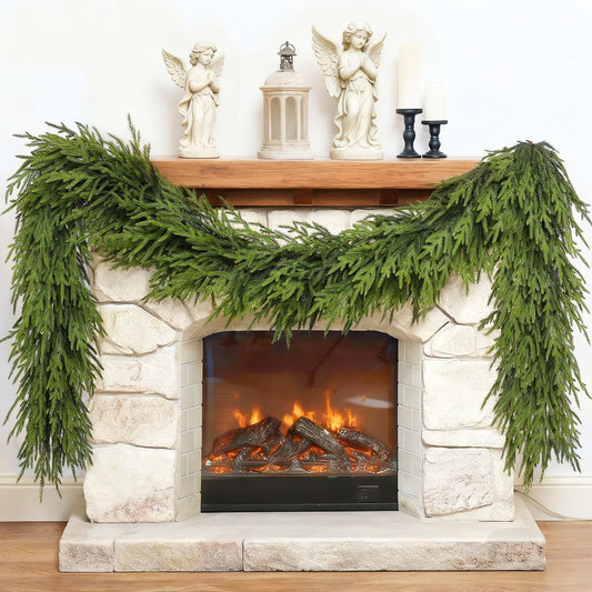 9FT Christmas Artificial Norfolk Pine Garland for Fireplace - Realistic Faux Greenery Fake Garland for Holiday,Table, Window,Mantel,Stairs, Home,Indoor Outdoor Decor (1PCS)